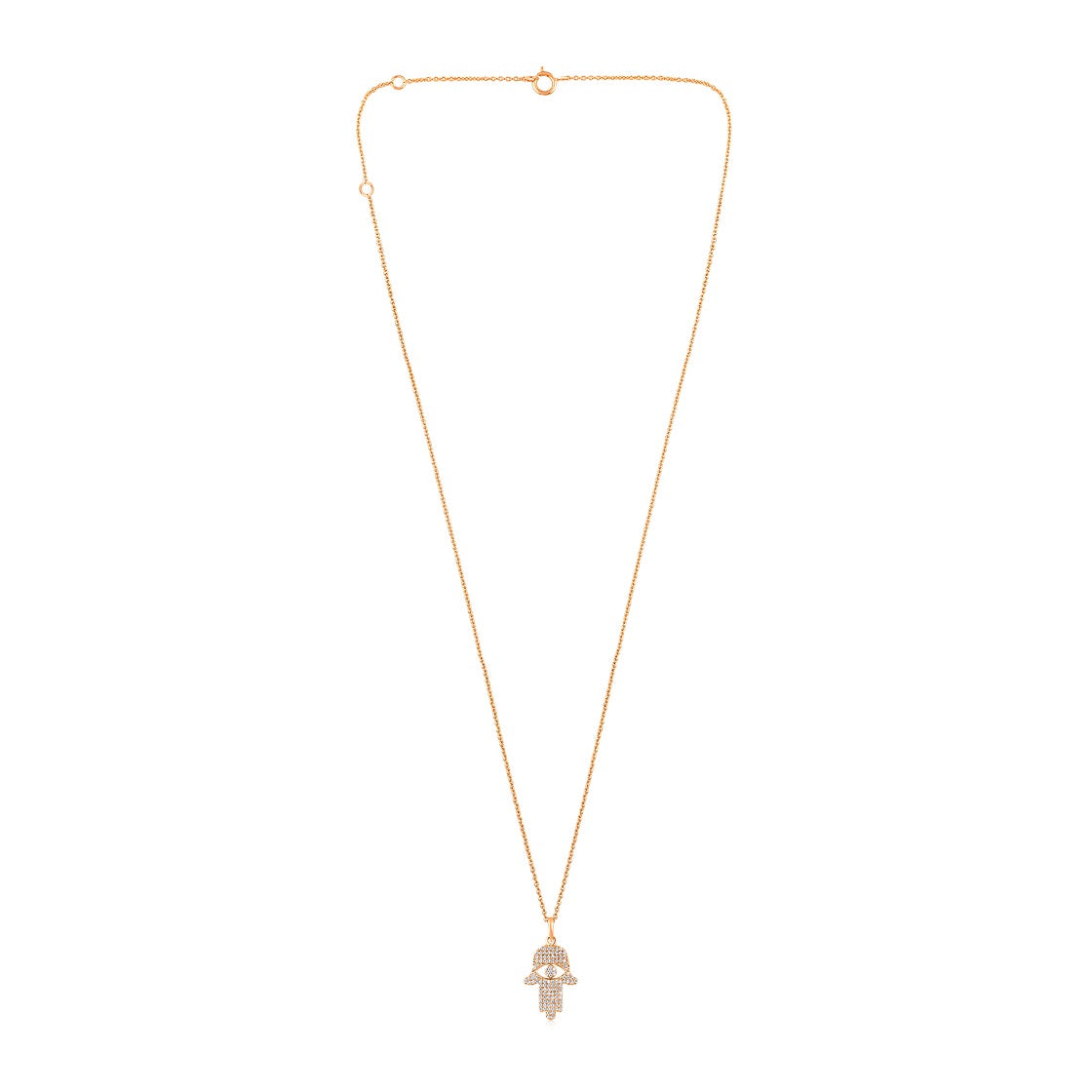 The Karat Concierge 14K gold Hamsa pendant necklace featuring 109 sparkling natural diamonds on a delicate gold chain.