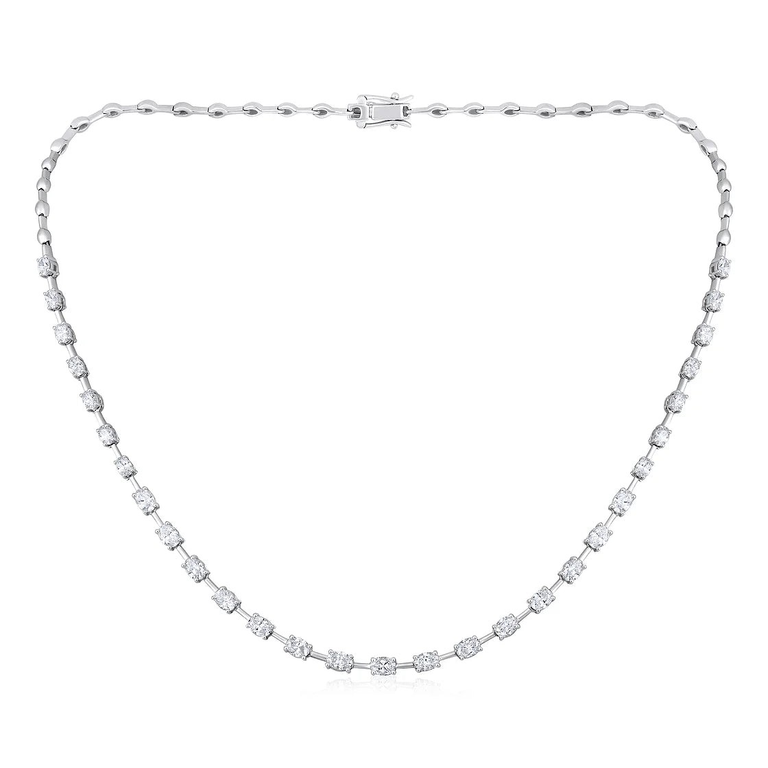 The Karat Concierge 14K white gold oval tennis necklace with 3.7ct natural diamonds and a smooth bead back chain.