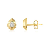 The Karat Concierge Gatsby Stud earrings featuring pear-shaped diamonds in 14K yellow gold faceted bezel settings.