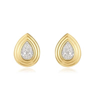 The Karat Concierge Gatsby Stud earrings featuring pear-cut diamonds in 14K yellow gold faceted bezel settings.