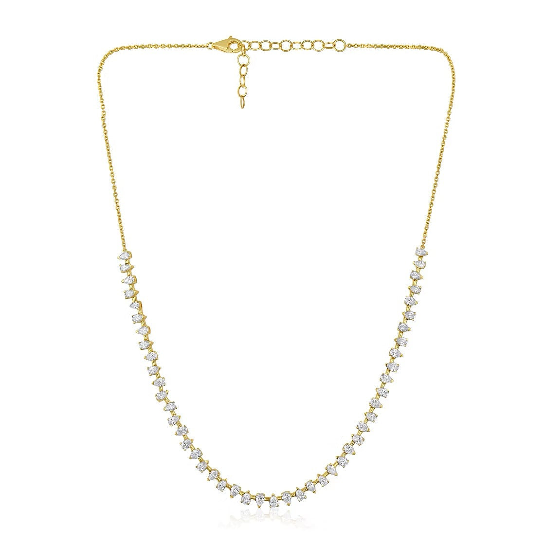 The Karat Concierge Meridian tennis necklace featuring pear-shaped diamonds set in 14K yellow gold.
