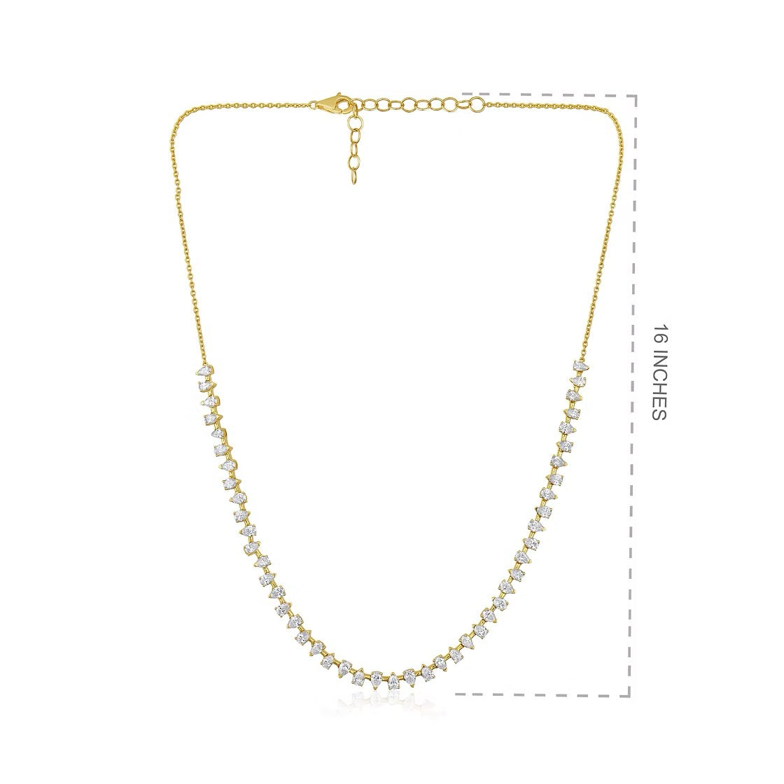 The Karat Concierge 14K yellow gold tennis necklace featuring 5.65ct pear-shaped diamonds in a 16-inch setting.