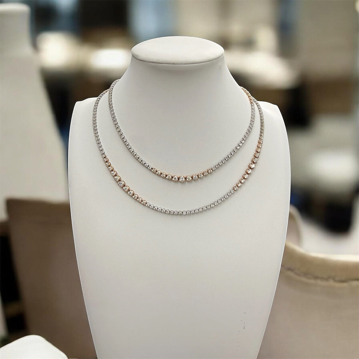 The Karat Concierge Rose Riviera 32-inch tennis necklace featuring 14K white and rose gold with 13 carats of diamonds.