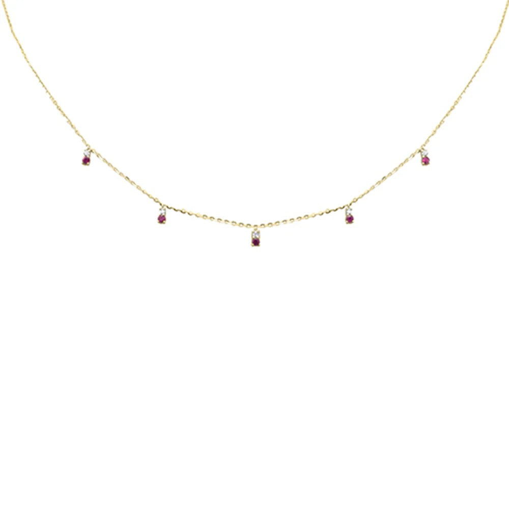 The Karat Concierge 14K yellow gold necklace with five round diamonds and five rubies on a delicate chain.