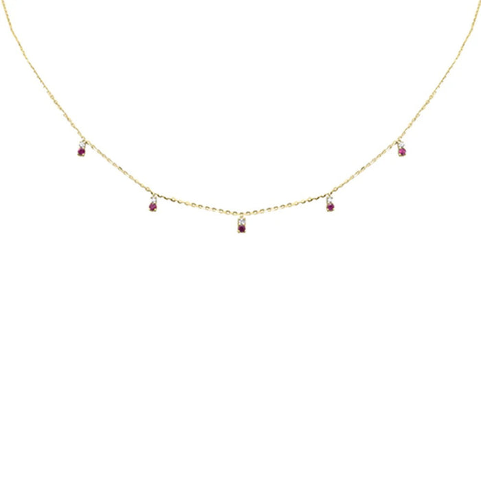 The Karat Concierge 14K yellow gold necklace with five round diamonds and five rubies on a delicate chain.