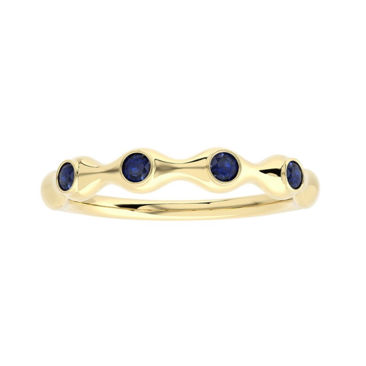The Karat Concierge 18K gold bamboo ring featuring four round blue sapphire gemstones in a stackable design.