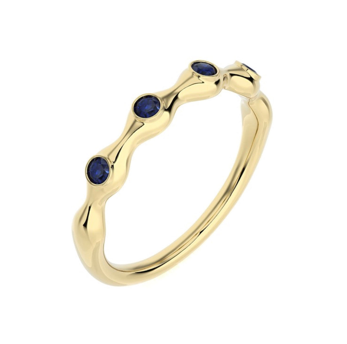 The Karat Concierge 18K gold bamboo-style ring featuring four round blue sapphires in a delicate stackable design.