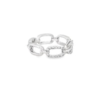 The Karat Concierge 3 stone sliding diamond omega ring in white gold with pave diamonds and a bezel set diamond.