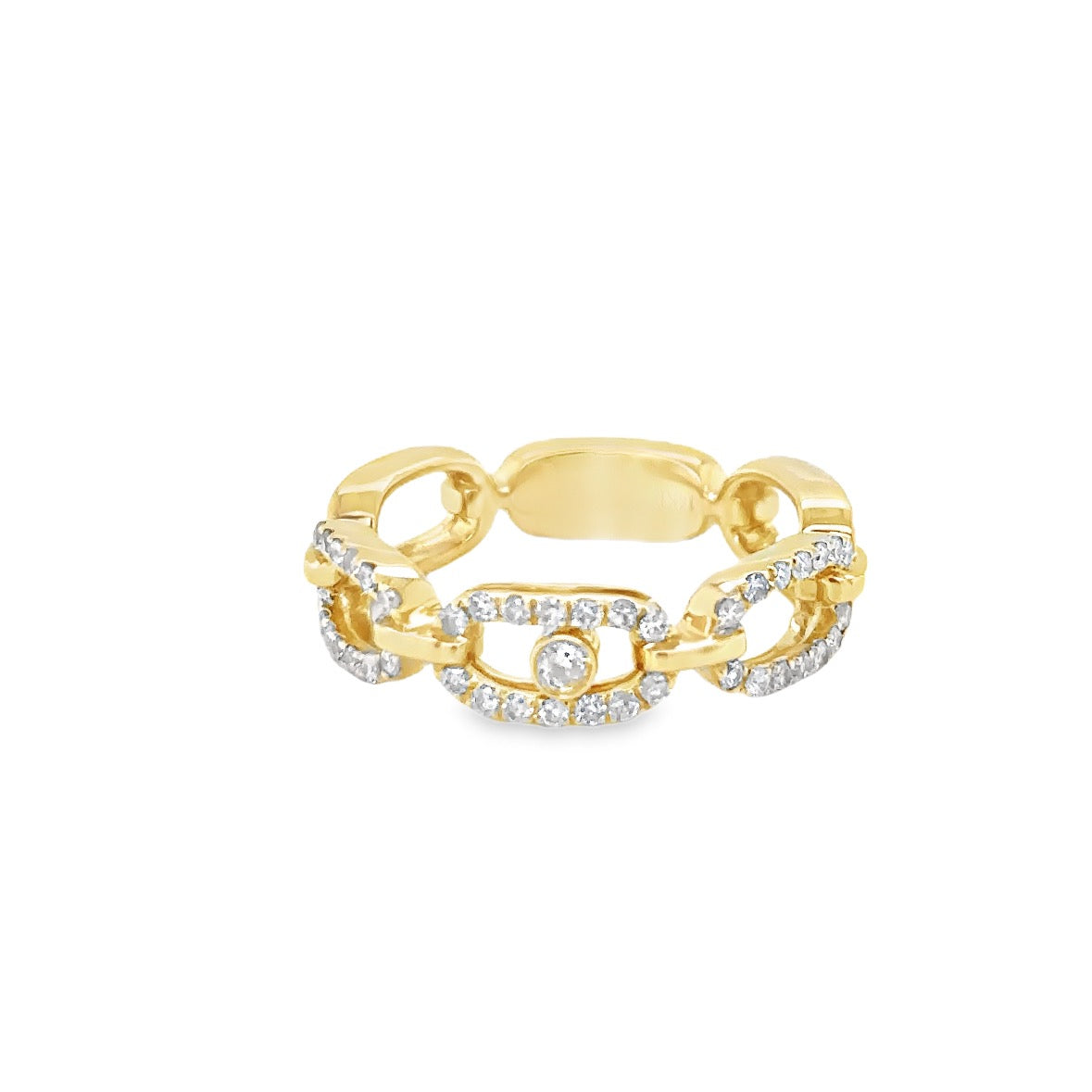 The Karat Concierge 3 stone sliding diamond ring in yellow gold with pave diamonds and a central bezel set diamond.