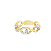 The Karat Concierge 3 stone sliding diamond ring in yellow gold with pave diamonds and a central bezel set diamond.