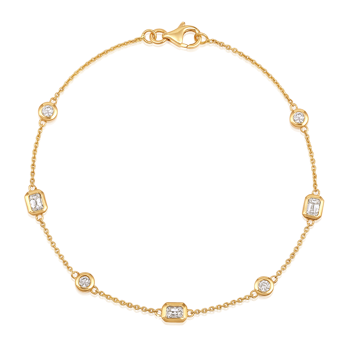 The Karat Concierge Sloane bracelet in 14K yellow gold featuring seven bezel-set natural diamonds on a delicate chain.