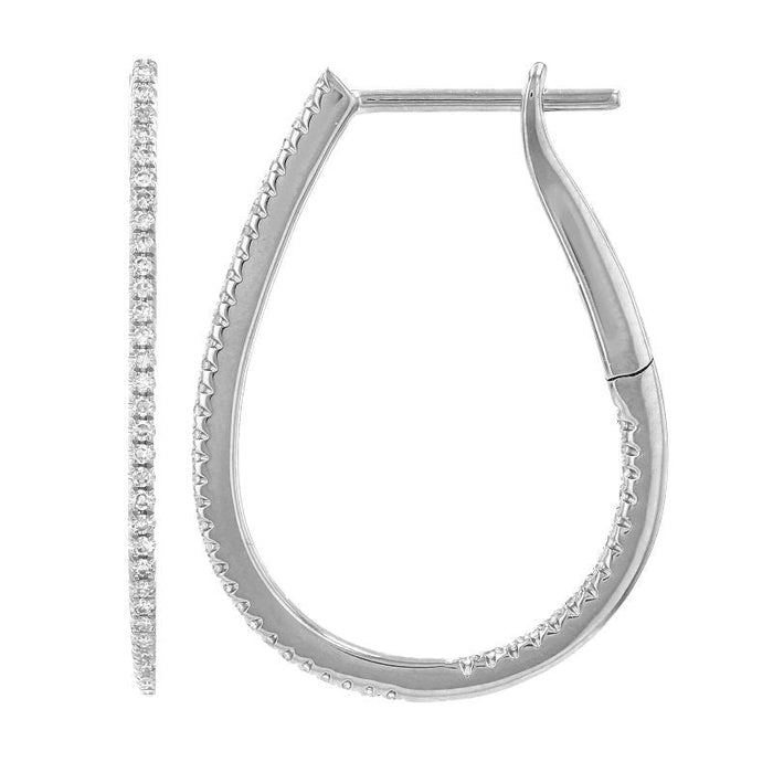 The Karat Concierge 18K white gold tear shaped hoop earrings with inside-out diamond pavé setting.