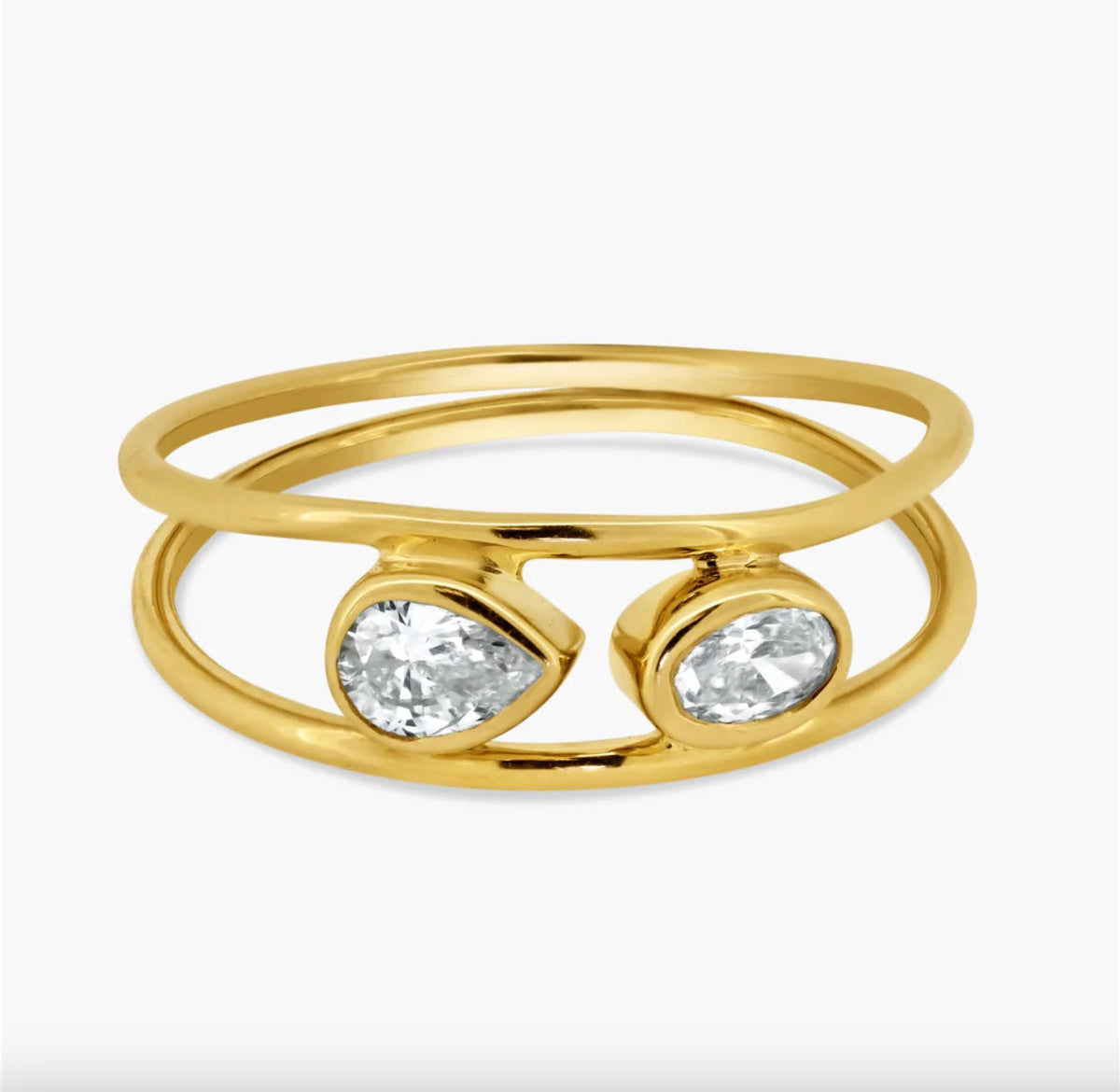 The Karat Concierge 14K yellow gold Toi Et Moi ring featuring bezel set pear and oval diamonds.