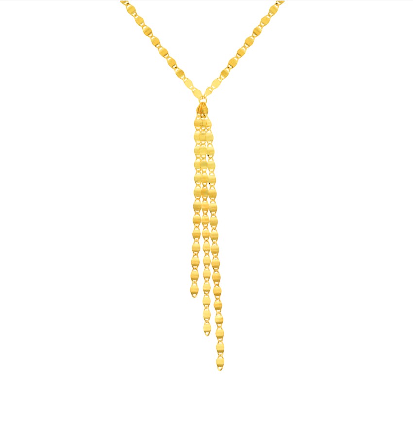 The Karat Concierge Valentino lariat necklace featuring a delicate gold chain with a multi-strand drop design.