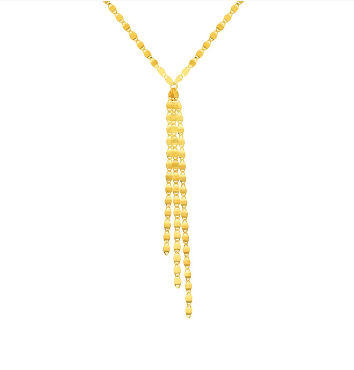 The Karat Concierge Valentino lariat necklace featuring a delicate gold chain with a multi-strand drop design.