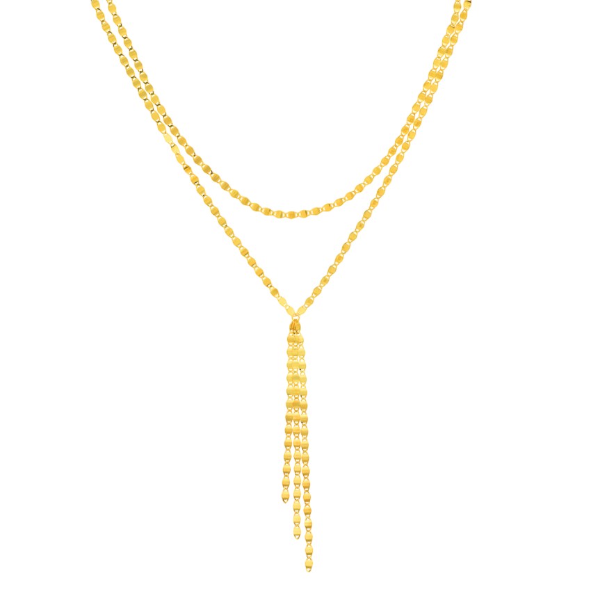 The Karat Concierge Valentino lariat necklace in gold featuring a 2.7mm chain with a sliding bolo and tassel drop.