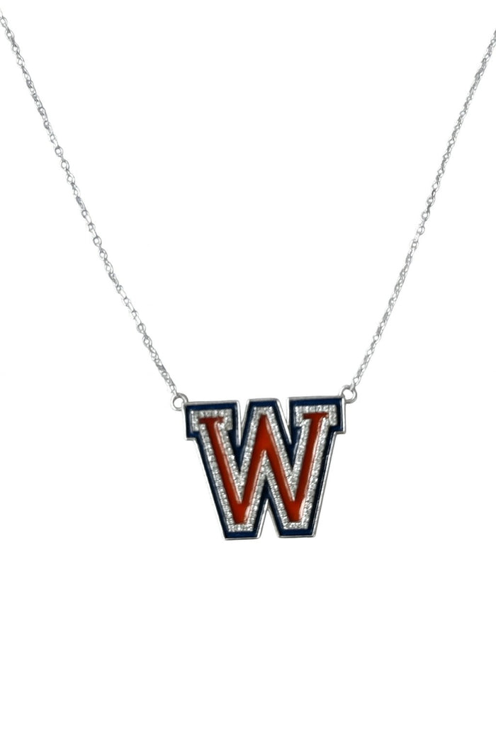 The Karat Concierge Westlake W necklace in 14K white gold with red and blue enamel and sparkling diamond accents.