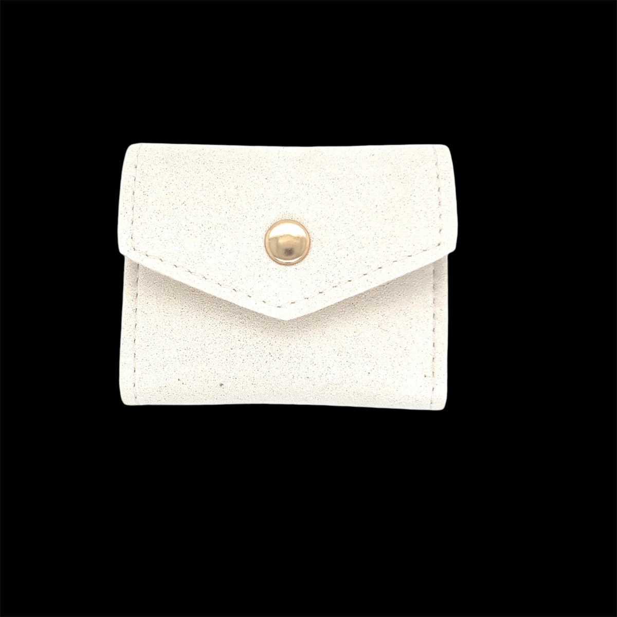 The Karat Concierge white mini travel jewelry case with a gold snap button closure, folded and compact.