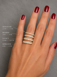 The Karat Concierge yellow gold eternity bands in various diamond sizes worn on a hand with dark red nail polish.