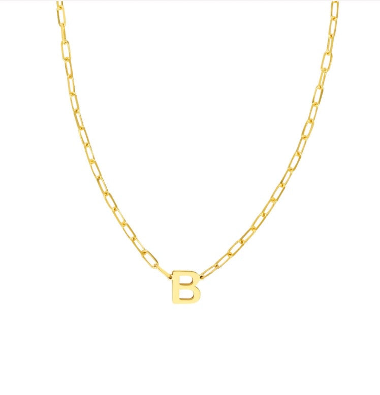 Yellow gold block initials on paper chain necklace 