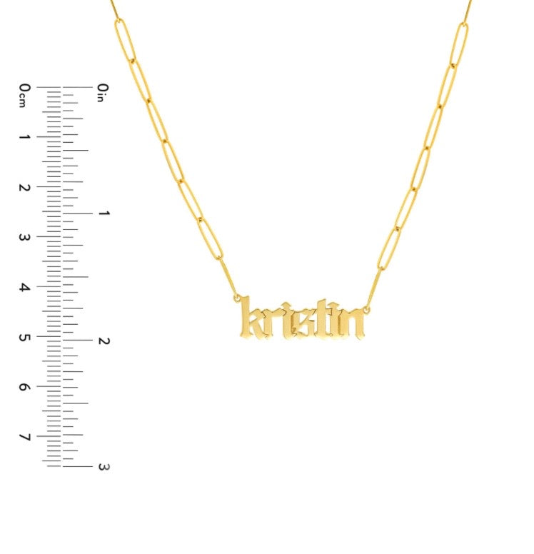 14K Gothic Name Paperclip Necklace
