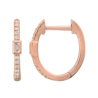 14k rose gold bezel set baguette diamond set midway down the hoops