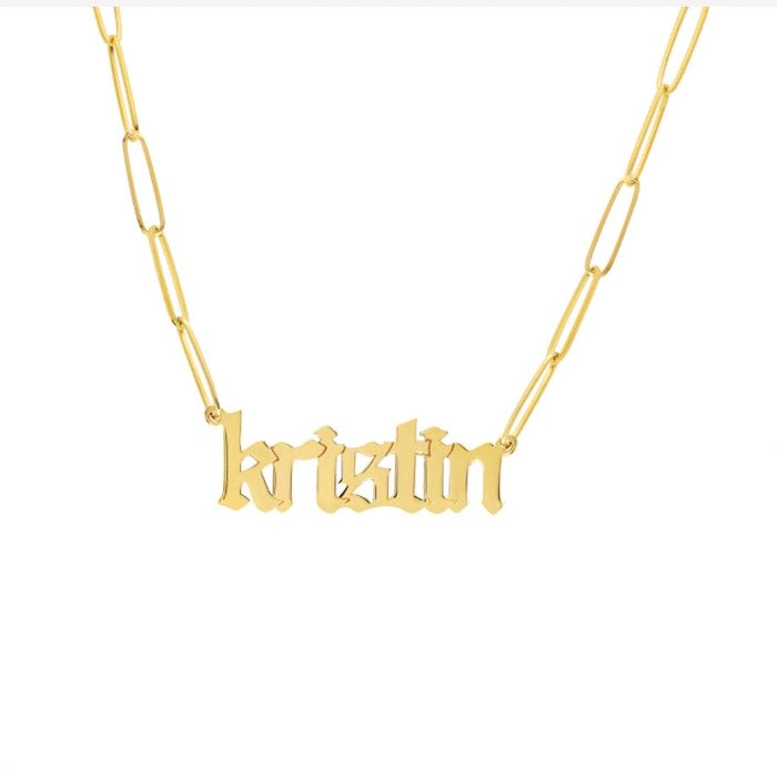14K Gothic Name Paperclip Necklace